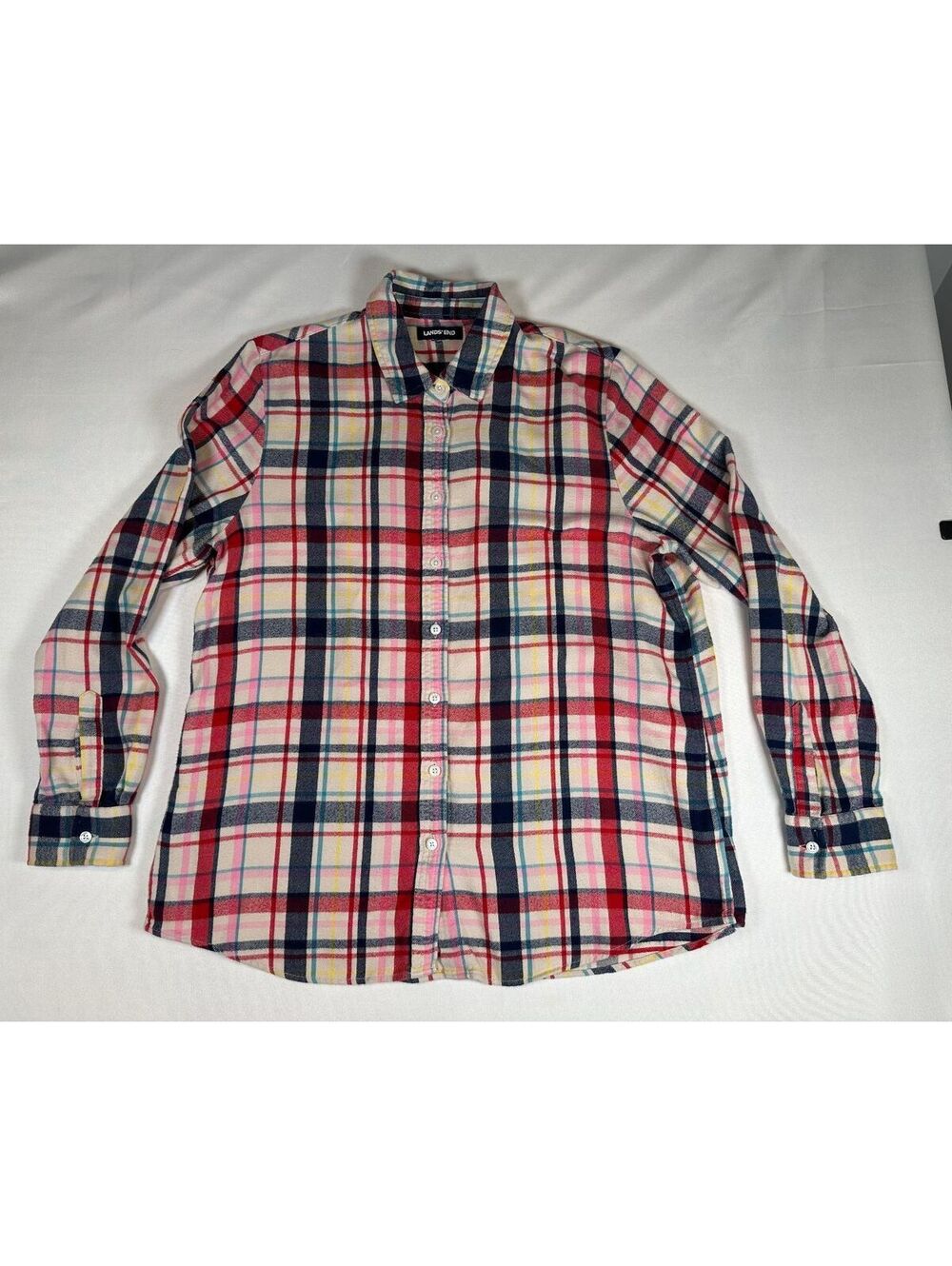 Lands' End Women's Plaid Button-Up Shirt, Size Medium, Long Sleeve, Cotton Blend
